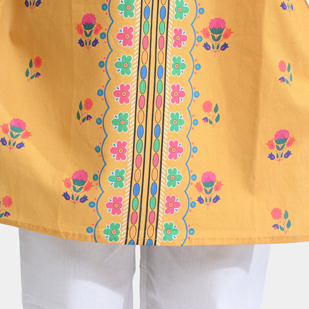 Girls Cotton Poplin Printed Kurti Laddu Peel-Mustard