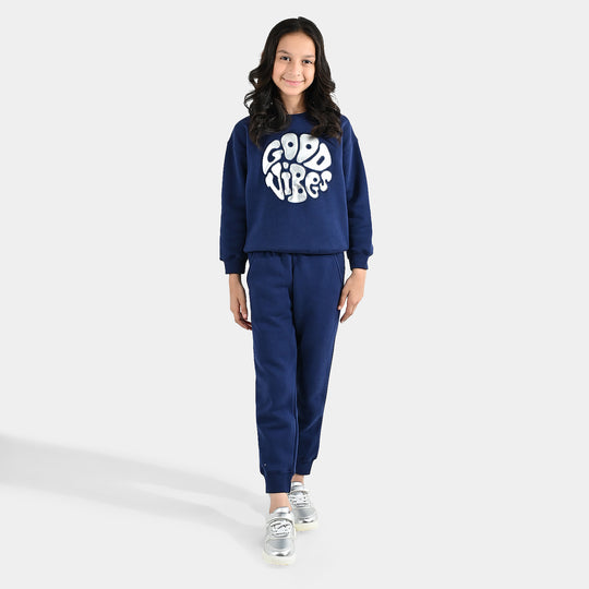 Girls Fleece 2 Piece Suit Good Vibes-NAVY