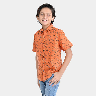 Boys Cotton Slub Casual Shirt H/S (Skate All Day)-ORANGE