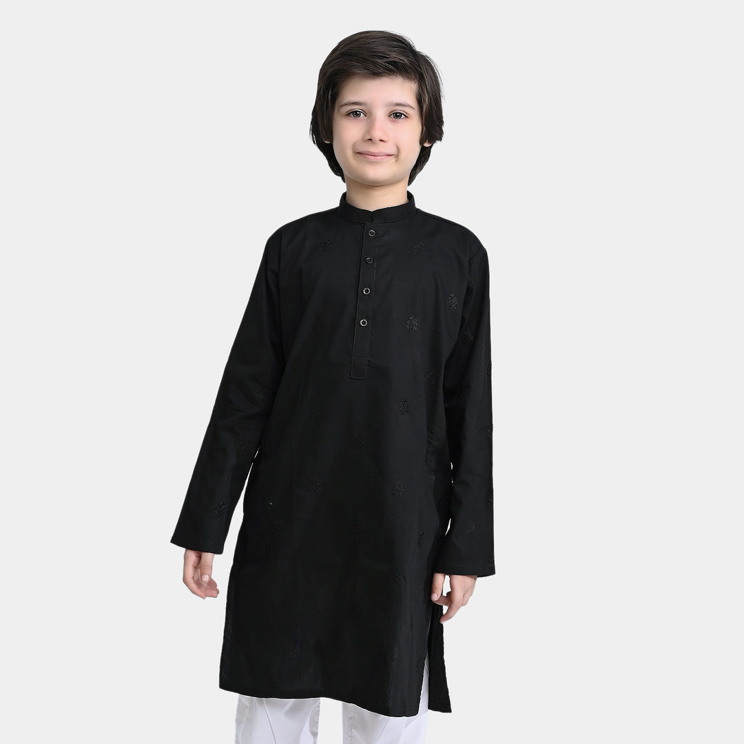 Boys Cotton Embroidered Kurta (Tribal Motif)-BLACK