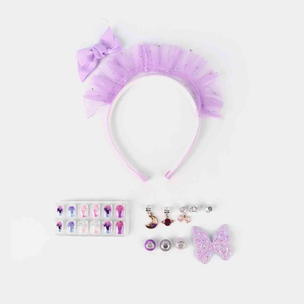Fancy Hair Band, Artificial Nails & Earring Set for Girls
