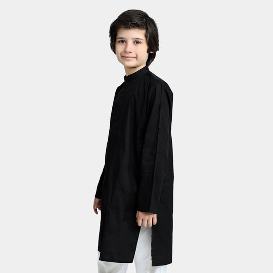 Boys Cotton Embroidered Kurta (Tribal Motif)-BLACK