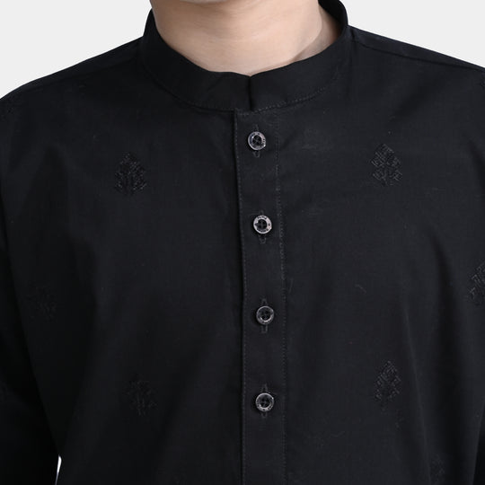 Boys Cotton Embroidered Kurta (Tribal Motif)-BLACK