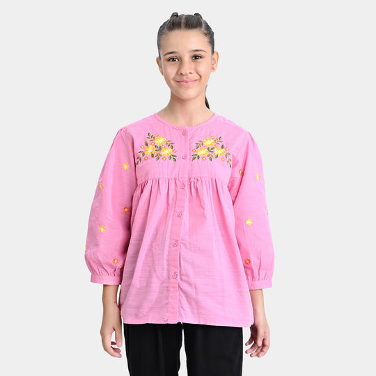 Girls Cotton Slub Emb Top-Sachet Pink