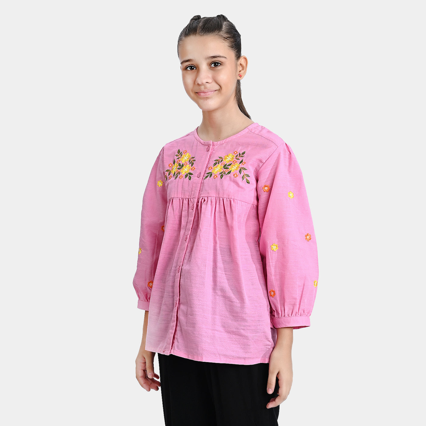 Girls Cotton Slub Emb Top-Sachet Pink