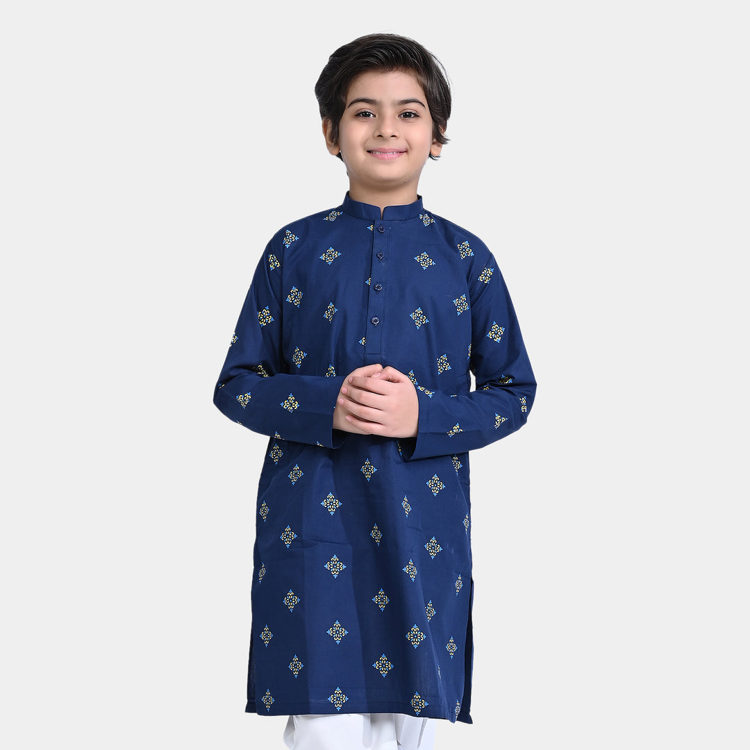 Boys Cotton Poplin Printed Kurta (Ethnic Boti)-NAVY