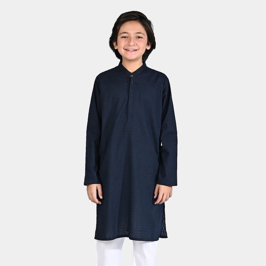 Boys Cotton Jacquard Basic Kurta (Textured)-NAVY