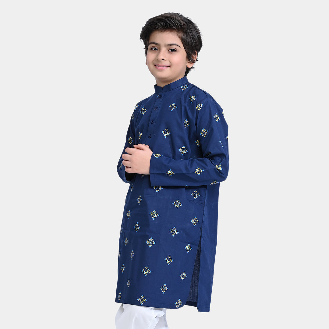 Boys Cotton Poplin Printed Kurta (Ethnic Boti)-NAVY