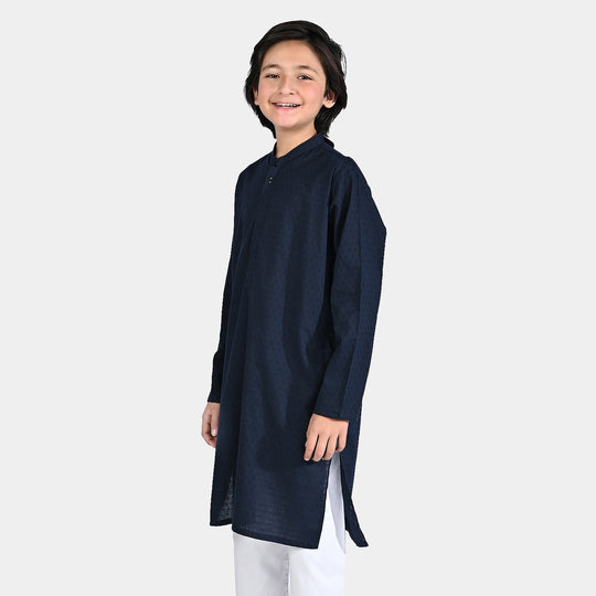 Boys Cotton Jacquard Basic Kurta (Textured)-NAVY