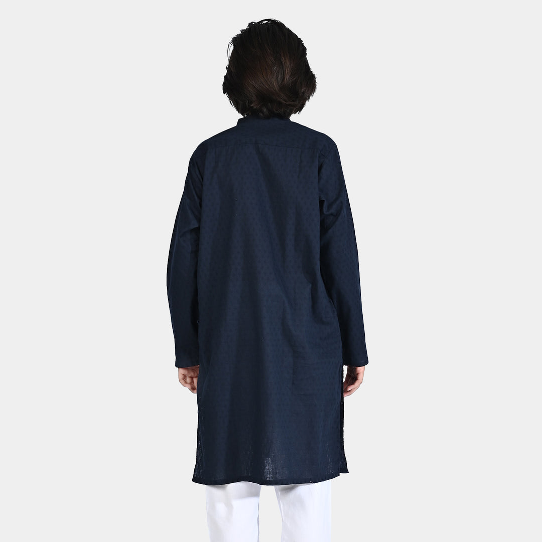 Boys Cotton Jacquard Basic Kurta (Textured)-NAVY