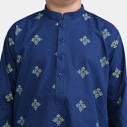 Boys Cotton Poplin Printed Kurta (Ethnic Boti)-NAVY