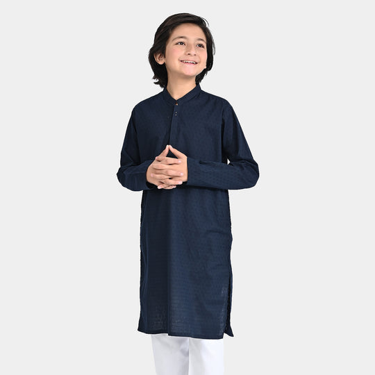 Boys Cotton Jacquard Basic Kurta (Textured)-NAVY