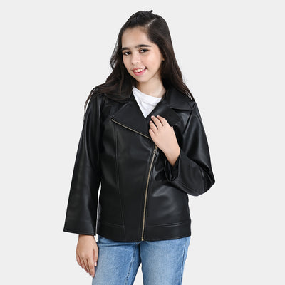 Girls Genuine Sheep Leather Jacket Biker Style-BLACK