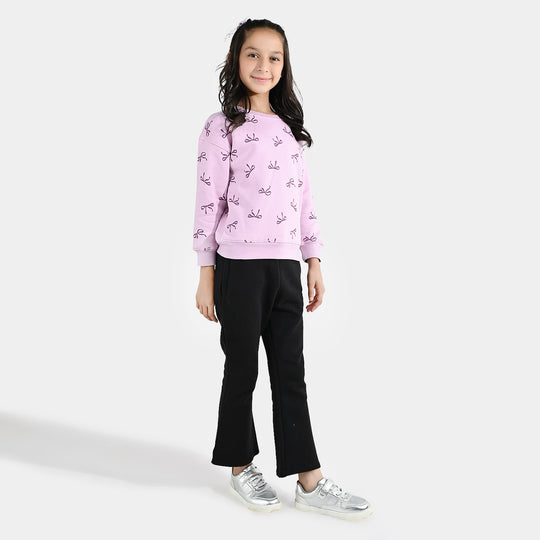 Girls Fleece 2 Piece Suit Bow Pattern-Orchid