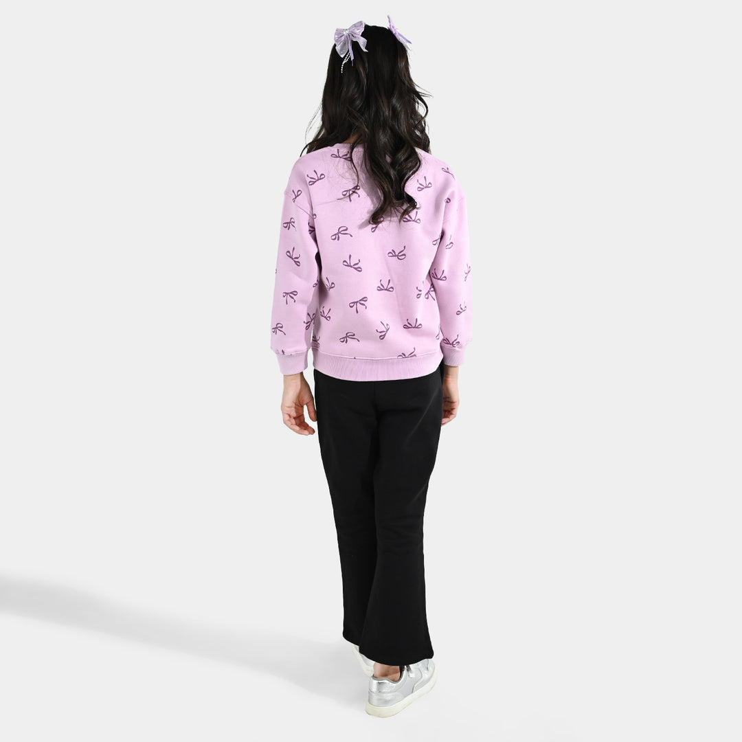 Girls Fleece 2 Piece Suit Bow Pattern-Orchid
