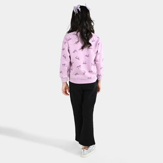 Girls Fleece 2 Piece Suit Bow Pattern-Orchid