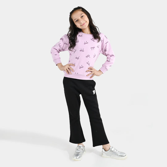 Girls Fleece 2 Piece Suit Bow Pattern-Orchid