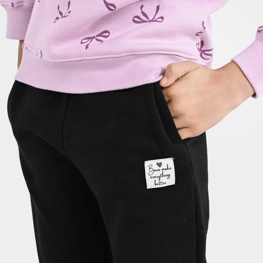 Girls Fleece 2 Piece Suit Bow Pattern-Orchid