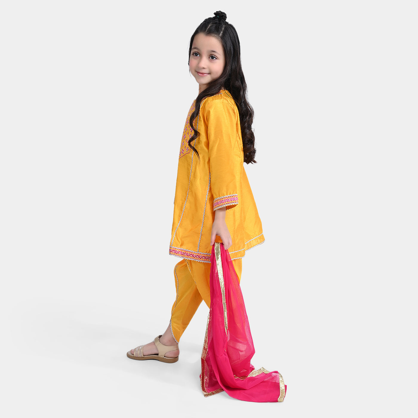 Girls Raw Silk 3 PCs Suit Shine-Corn Yellow
