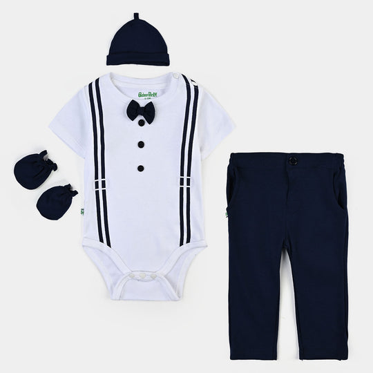 Infant Boys Cotton Interlock 4Pc Set-White/Navy