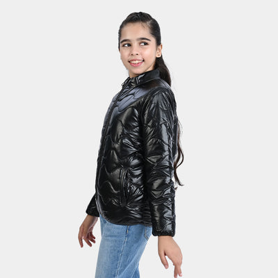 Girls Mix taffeta Quilted Jacket Fuzzy-BLACK