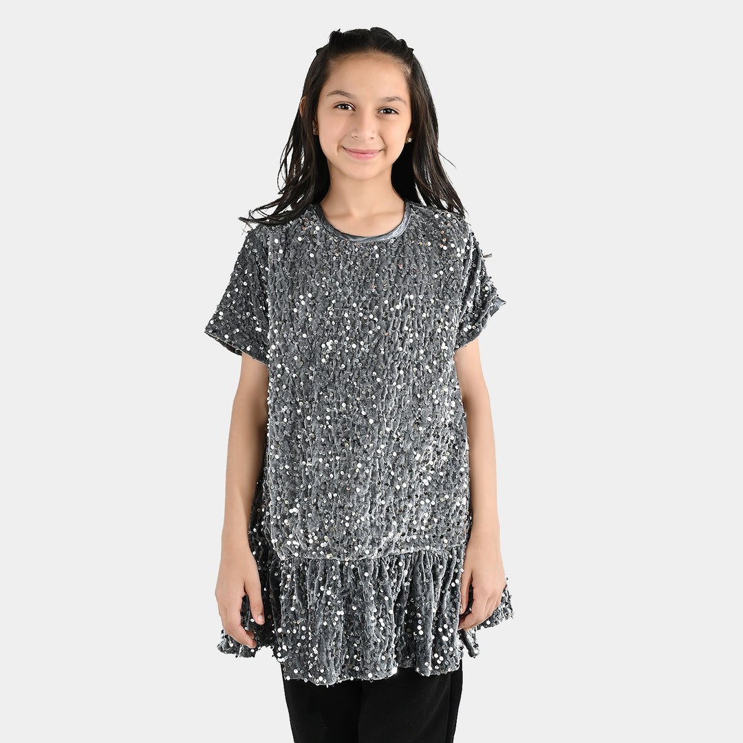 Girls Velvet Fancy Frock-Sparkle Star-GREY