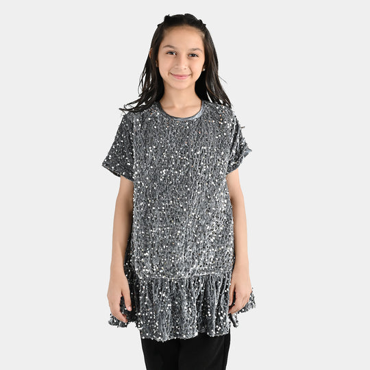 Girls Velvet Fancy Frock-Sparkle Star-GREY