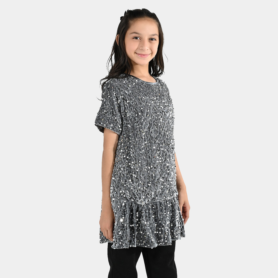 Girls Velvet Fancy Frock-Sparkle Star-GREY