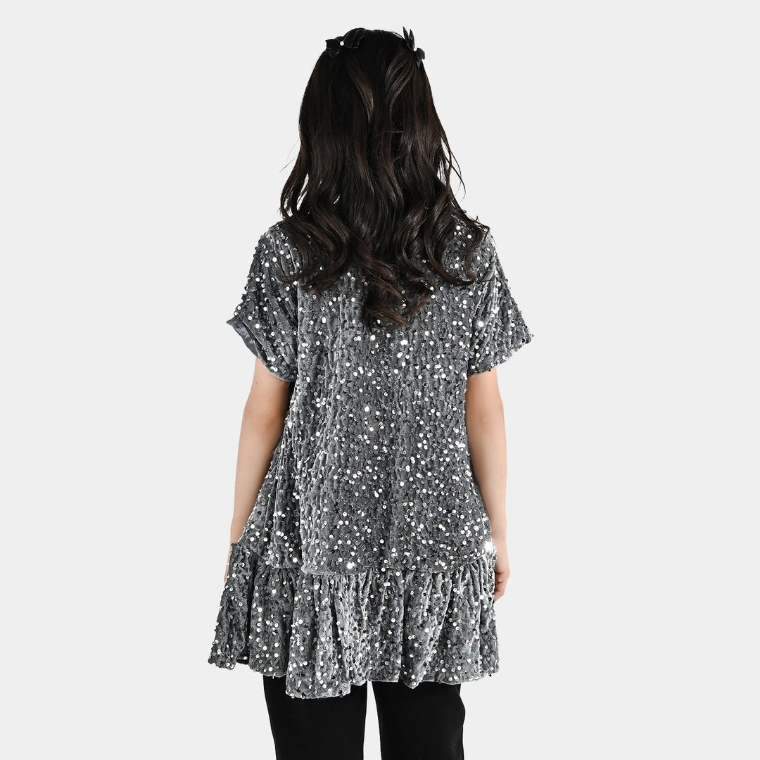 Girls Velvet Fancy Frock-Sparkle Star-GREY