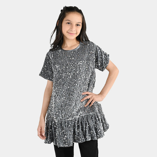 Girls Velvet Fancy Frock-Sparkle Star-GREY