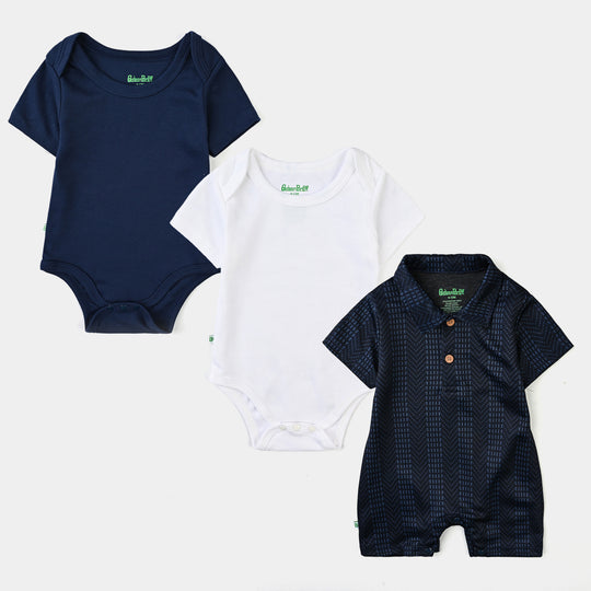 Infant Boys Cotton Interlock Romper 3Pc Set-White/Navy