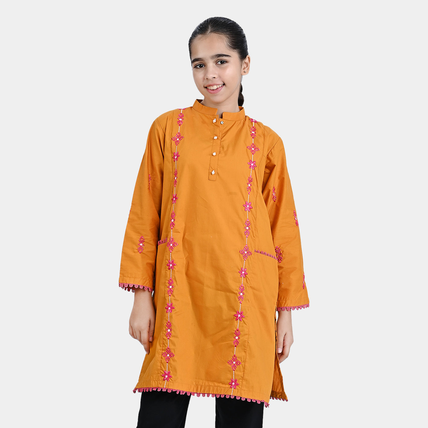 Girls Jacquard Emb Kurti Vibrant- Mustard