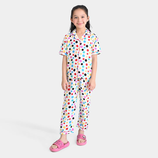 Girls Cotton Woven Night Suit Multi Dots-White