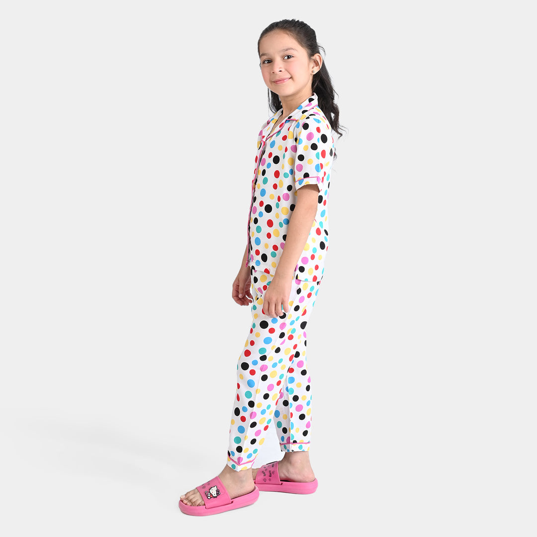 Girls Cotton Woven Night Suit Multi Dots-White