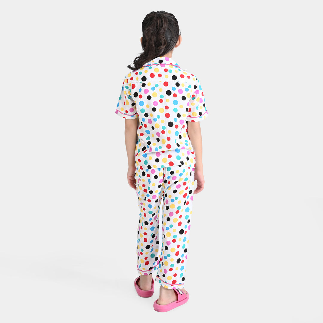 Girls Cotton Woven Night Suit Multi Dots-White