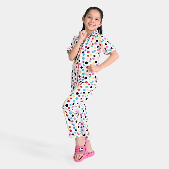 Girls Cotton Woven Night Suit Multi Dots-White