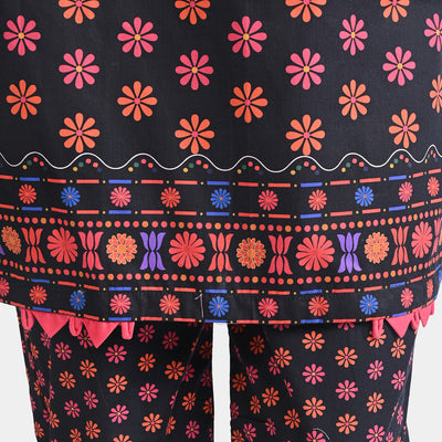 Girls Cotton Poplin Printed 2PC Suit Polka Flowers-BLACK