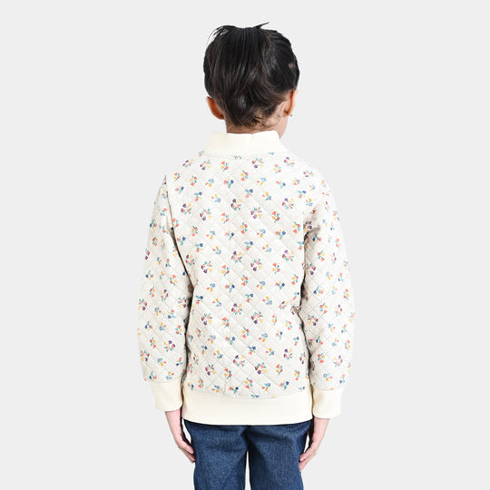 Girls Fleece Knitted Jacket Flower Quilt-White