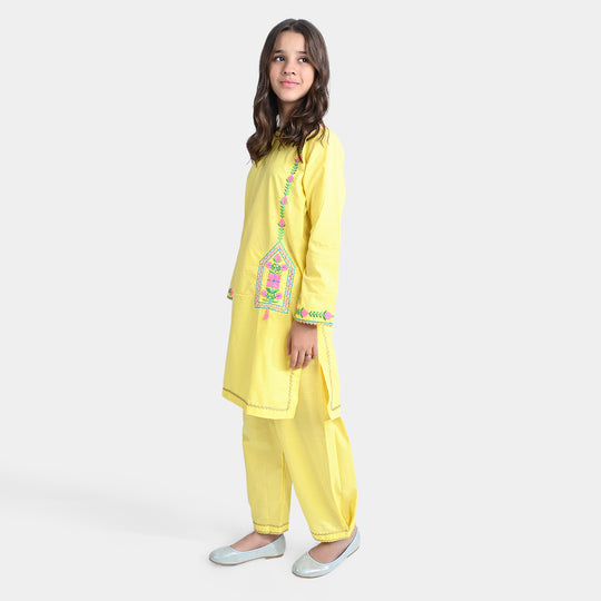 Girls Cotton Slub EMB 2PC Suit Neon Garden-B.Yellow