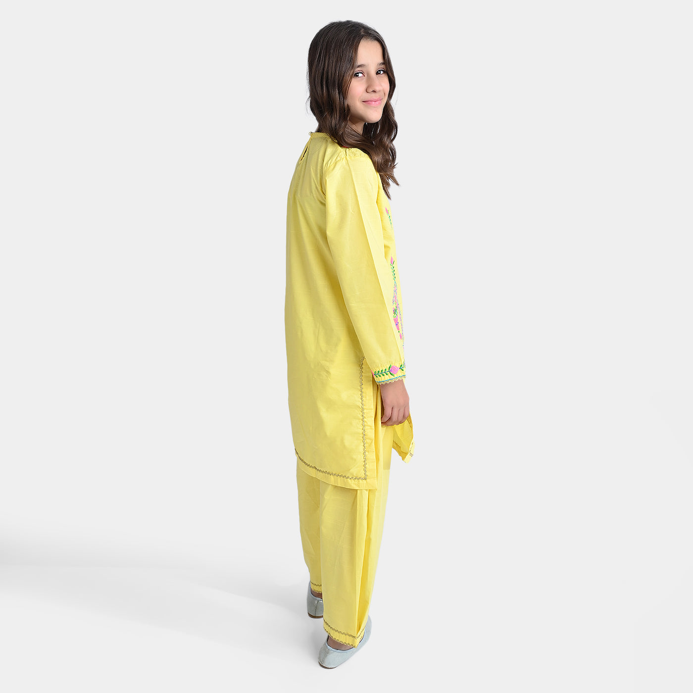 Girls Cotton Slub EMB 2PC Suit Neon Garden-B.Yellow