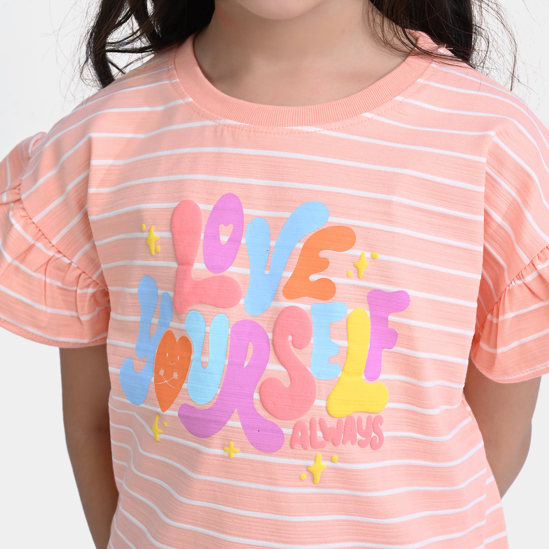 Girls Jacquard T-Shirt H/S Love Yourself-Peach