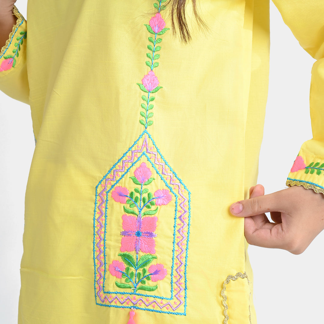 Girls Cotton Slub EMB 2PC Suit Neon Garden-B.Yellow