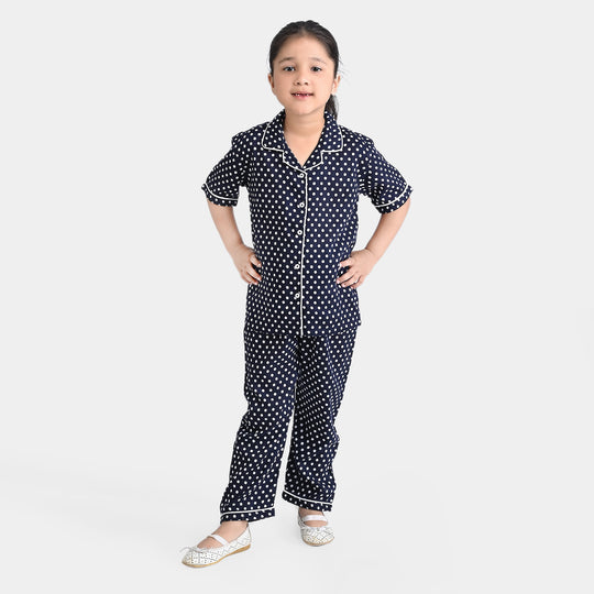 Girls Woven Night Suit Dots-BLACK