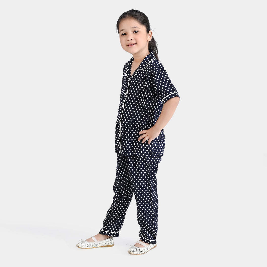 Girls Woven Night Suit Dots-BLACK