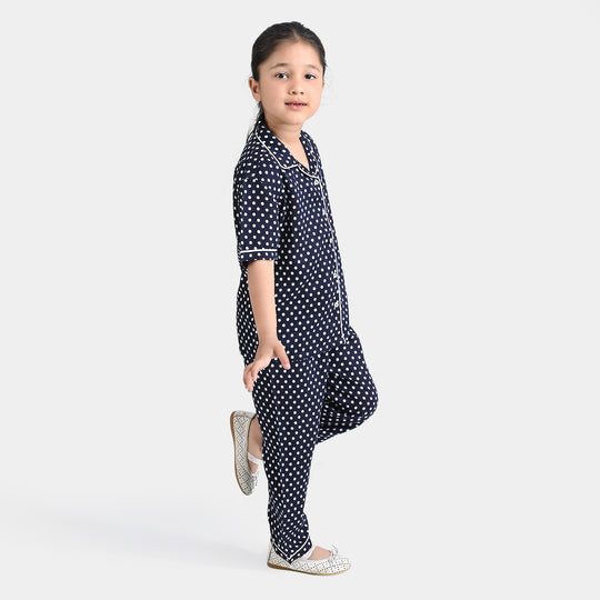 Girls Woven Night Suit Dots-BLACK