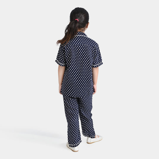 Girls Woven Night Suit Dots-BLACK