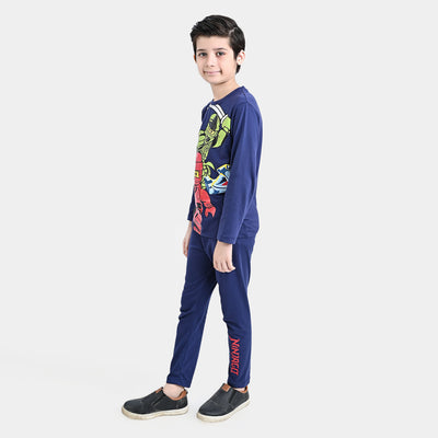 Boys Poly Cotton Jersey Knitted Nightwear-Navy Blue