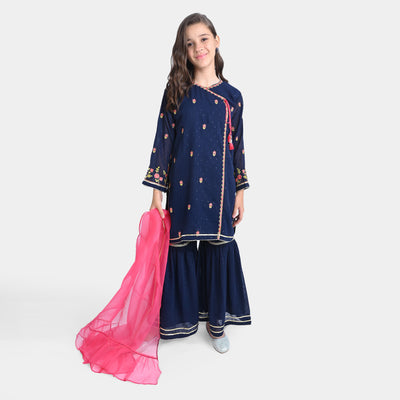 Girls Chiffon 3PC Suit Phool-Navy Blue