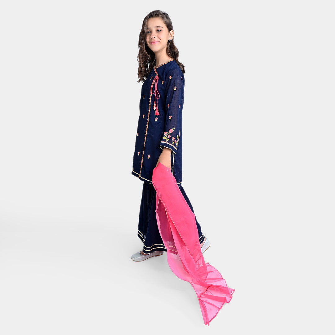 Girls Chiffon 3PC Suit Phool-Navy Blue