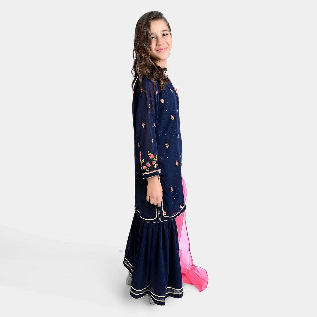 Girls Chiffon 3PC Suit Phool-Navy Blue